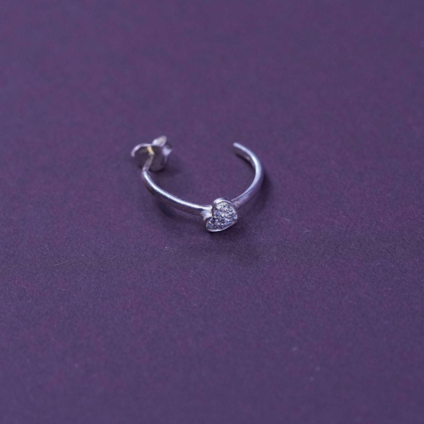 0.75”, Sterling silver handmade earrings, 925 hoops, huggie w/ heart N diamond
