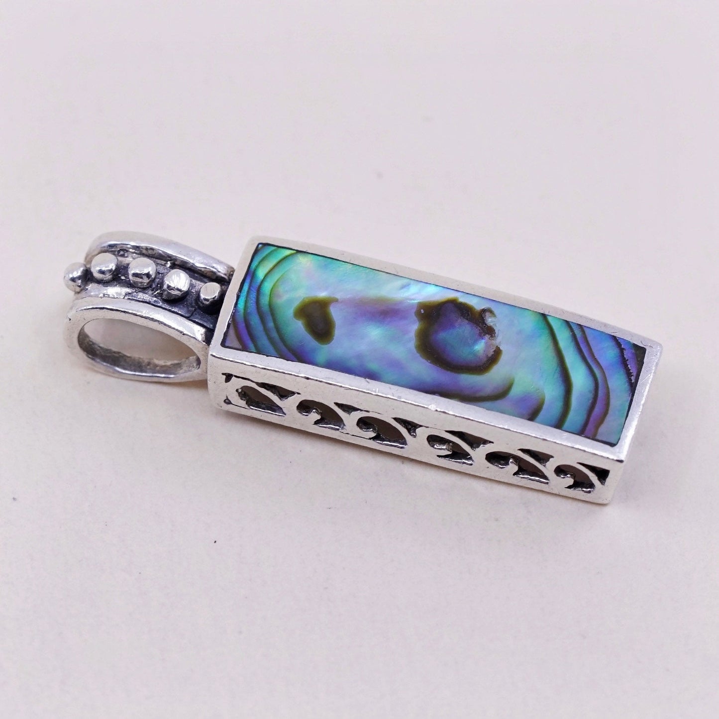 Vintage sterling 925 silver handmade pendant, with long abalone