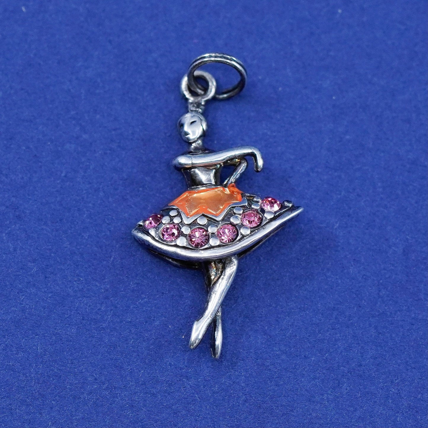 Vintage Sterling silver handmade pendant, 925 dancer charm with pink cz
