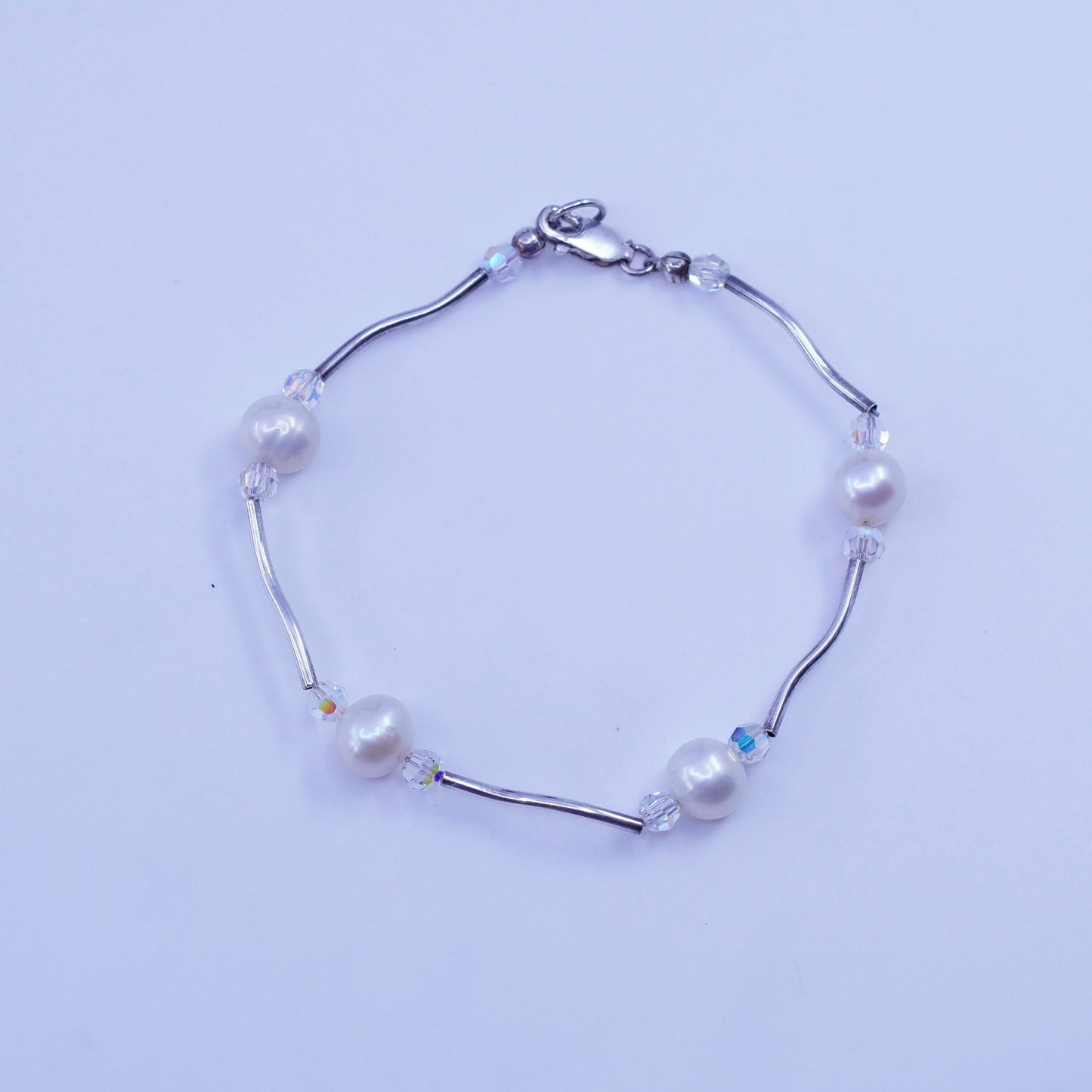 6.75”, vintage Sterling 925 silver curvy wavy bracelet with pearl