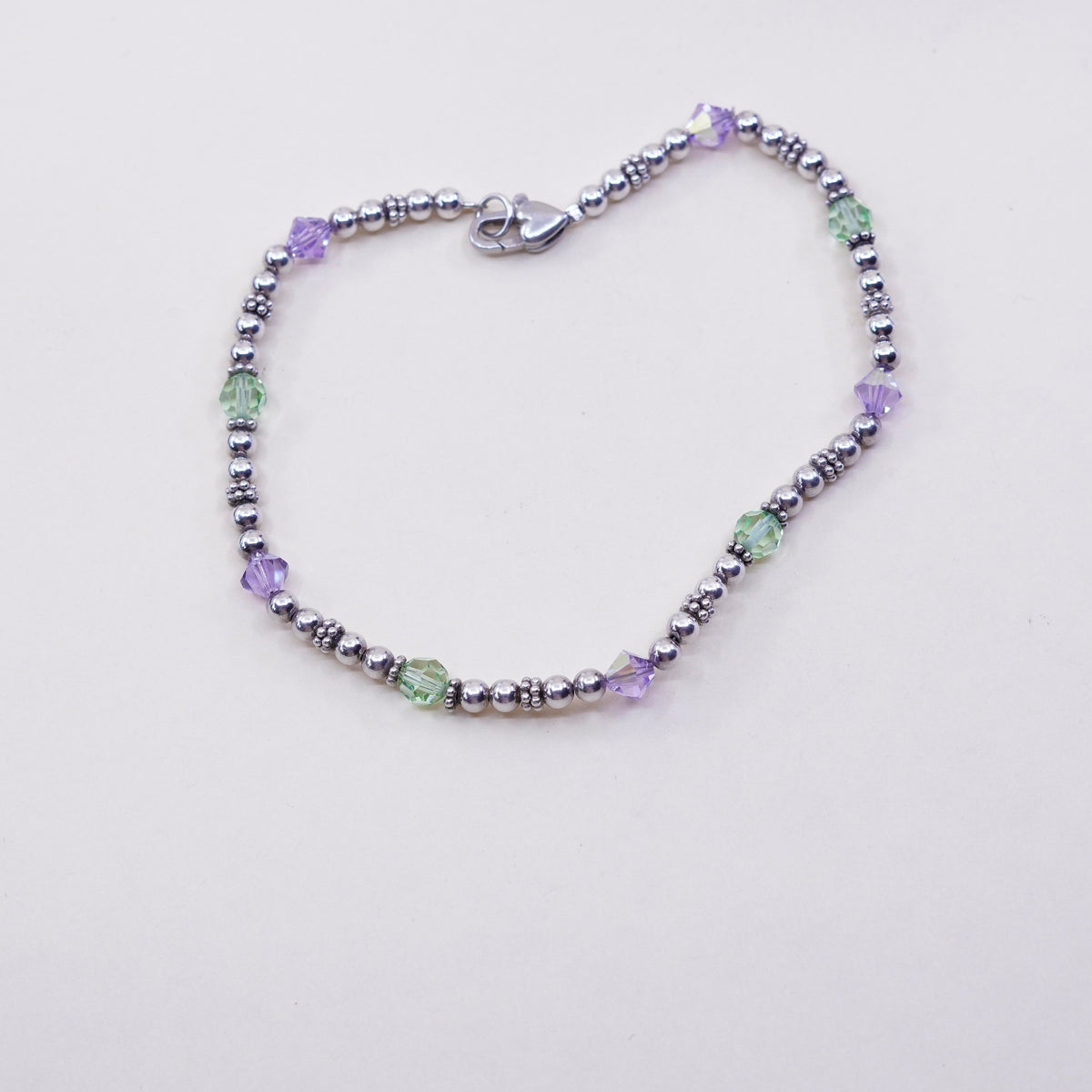 9.75”, vintage Sterling silver handmade bracelet, 925 beads anklet with crystal