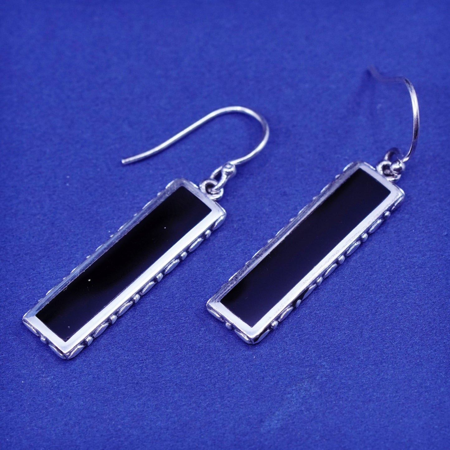 Vintage sterling 925 silver handmade earrings with long obsidian