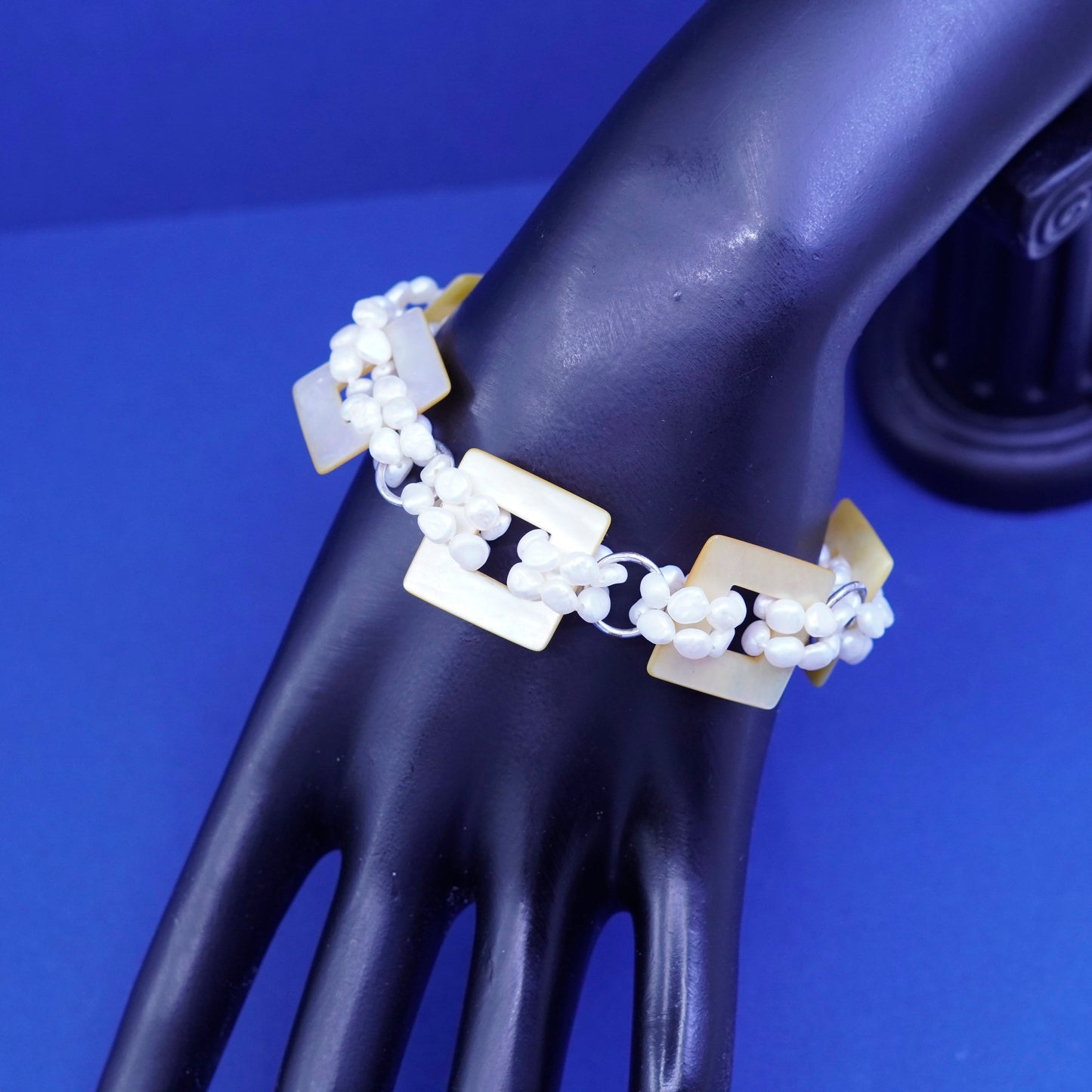 6.75”, sterling silver handmade bracelet, cluster pearl beads mother of pearl