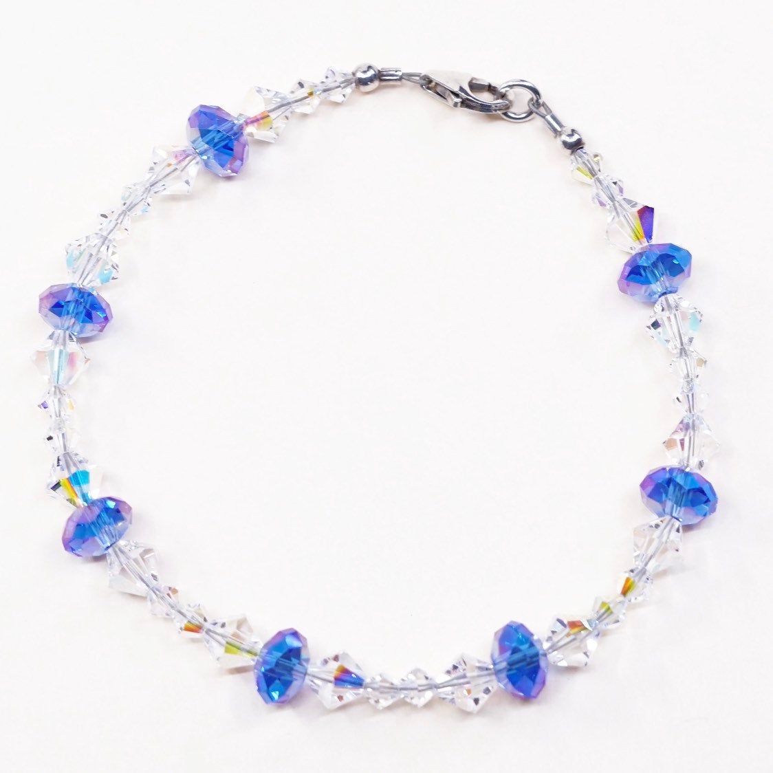 7.25", Sterling silver handmade bracelet, clean N blue crystal Swarovski beads