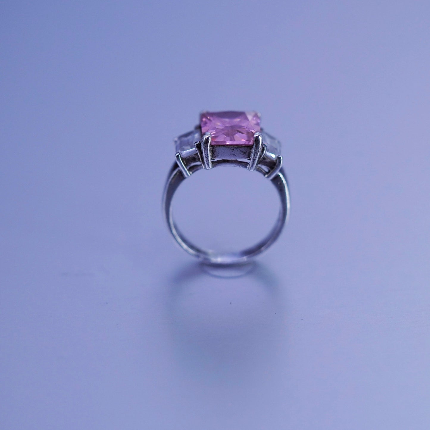 Size 6, vintage Sterling 925 silver handmade ring with rectangular pink Cz