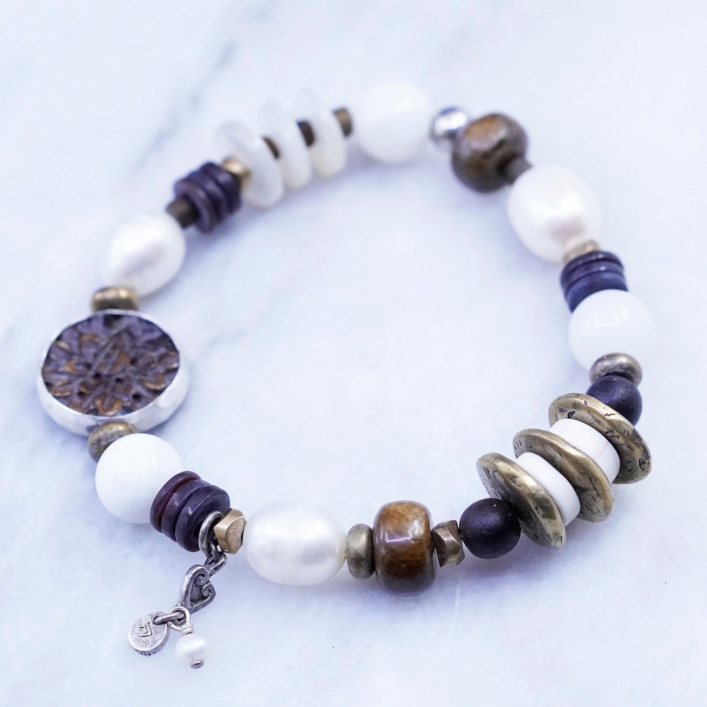 Silpada Sterling 925 Silver Pearl Bronzite Wood Brass Stretch Bracelet B1989