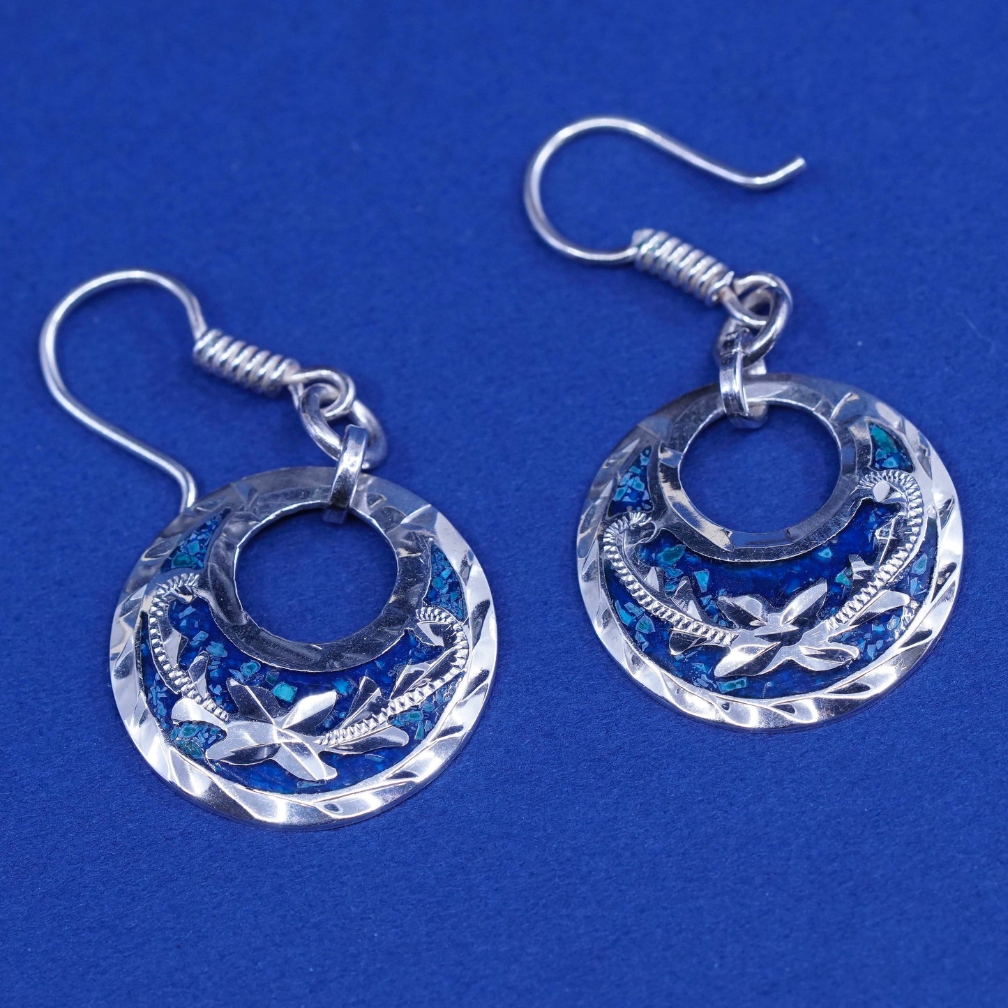 Vintage Mexico Sterling silver handmade earrings, 925 circle with turquoise