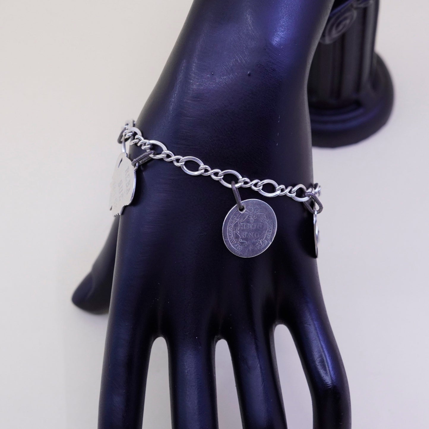 7”, sterling silver handmade bracelet, 925 Figaro chain w/ coin charms names