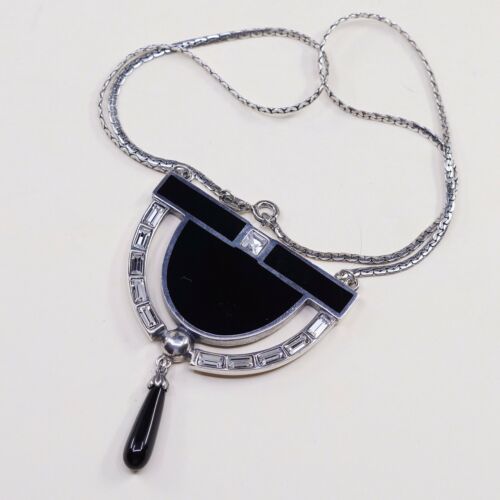 18”, Vtg 1970s UNID Modern Sterling 925 Silver Necklace W/ Obsidian Pendant