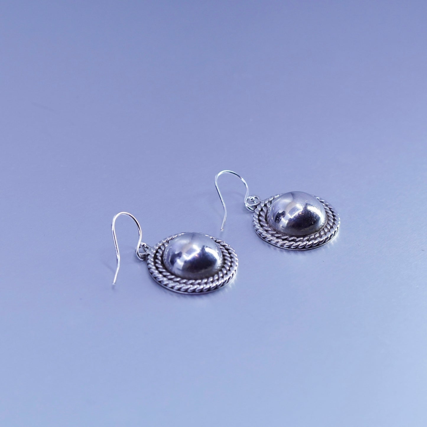 vintage Sterling silver handmade earrings, 925 disc dangles with cable around