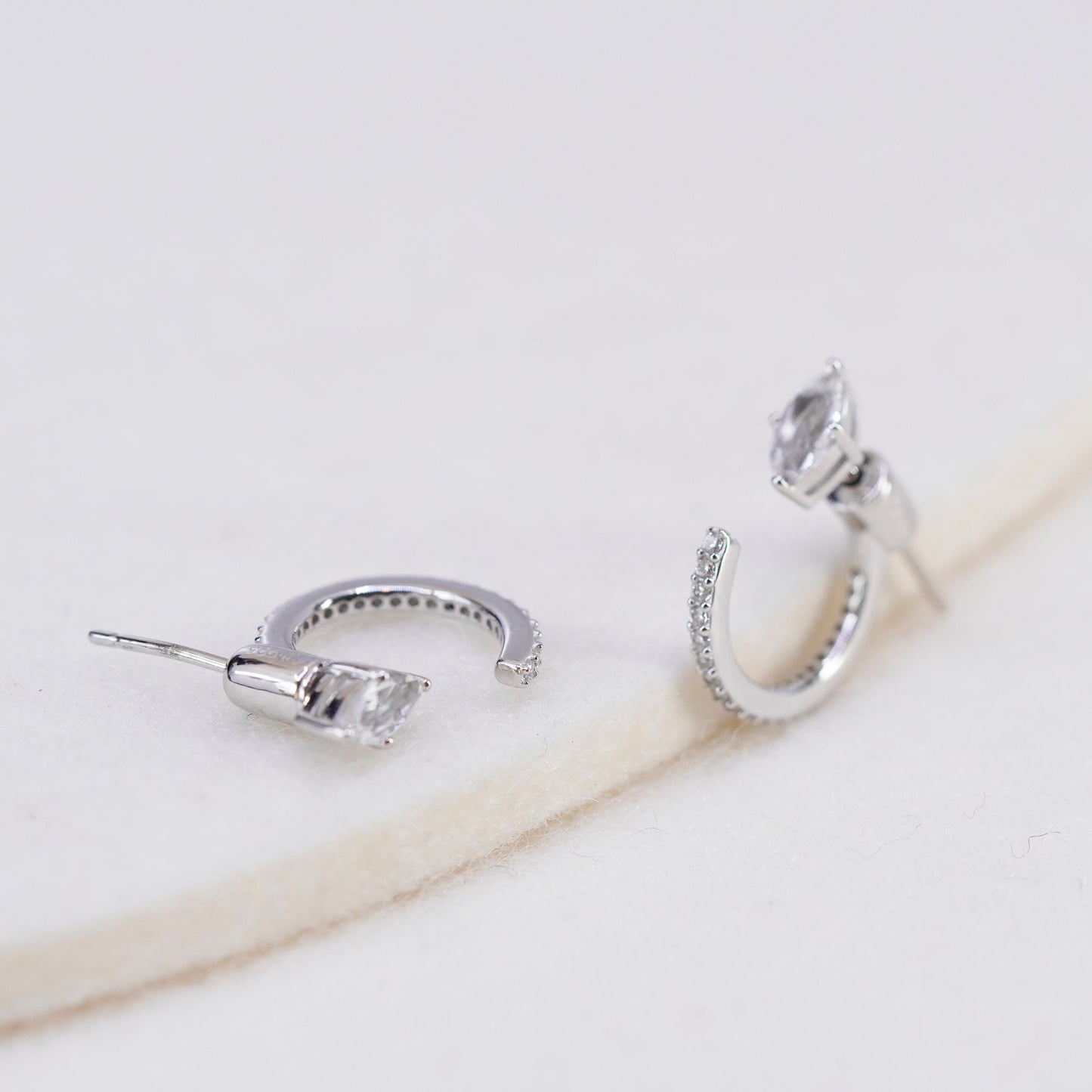 0.5”, vintage Sterling silver handmade earrings, 925 Huggie hoops with Cz