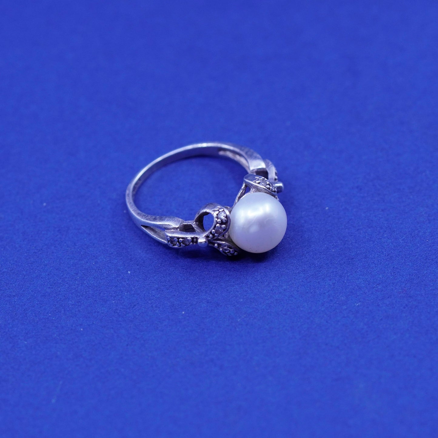 Size 6.5, sterling 925 silver handmade statement ring with pearl and diamond