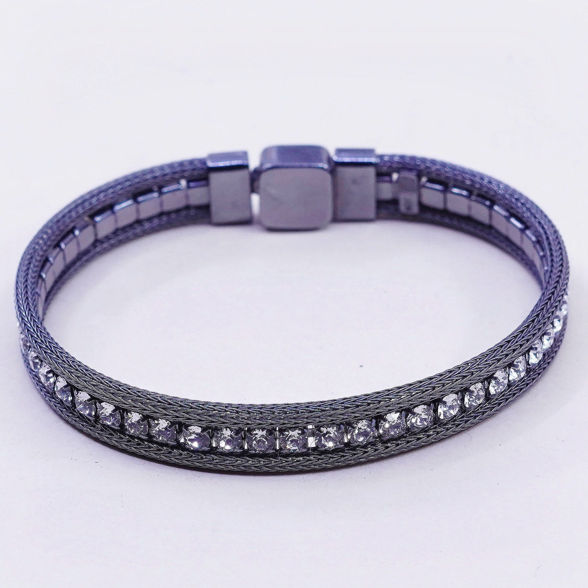 6.75”, vtg Italy sterling silver bracelet, oxidized 925 double wheat chain cz