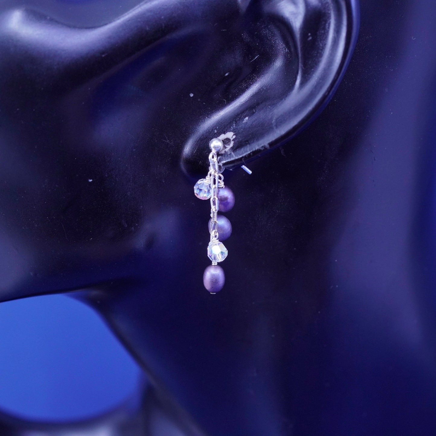 Vintage Sterling silver earrings, 925 hooks with cluster black pearl crystal