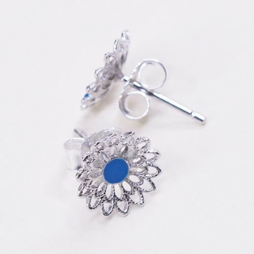 Vintage Sterling Silver Handmade Earrings, 925 Filigree Flower Studs W/ Blue Dot
