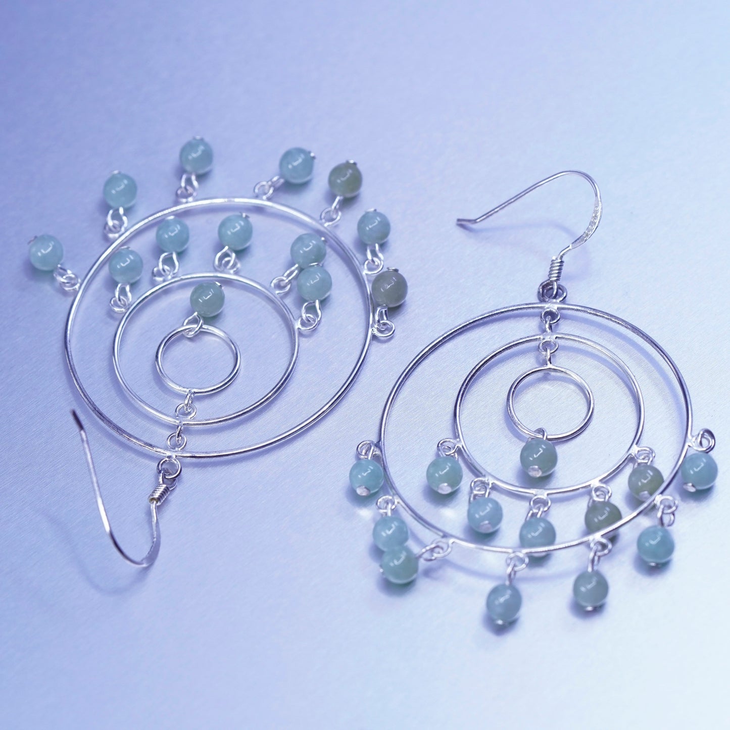 Vintage Sterling 925 silver handmade multi circle earrings with jade beads