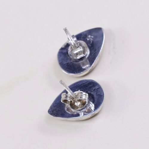 Vintage Mexico Sterling Silver Handmade Earrings, 925 Teardrop Studs W/ Jasper