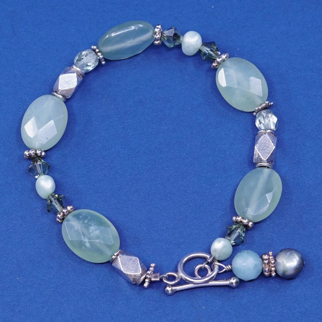 7.25", vtg Sterling silver handmade bracelet, 925 nugget w/ checker cut jade