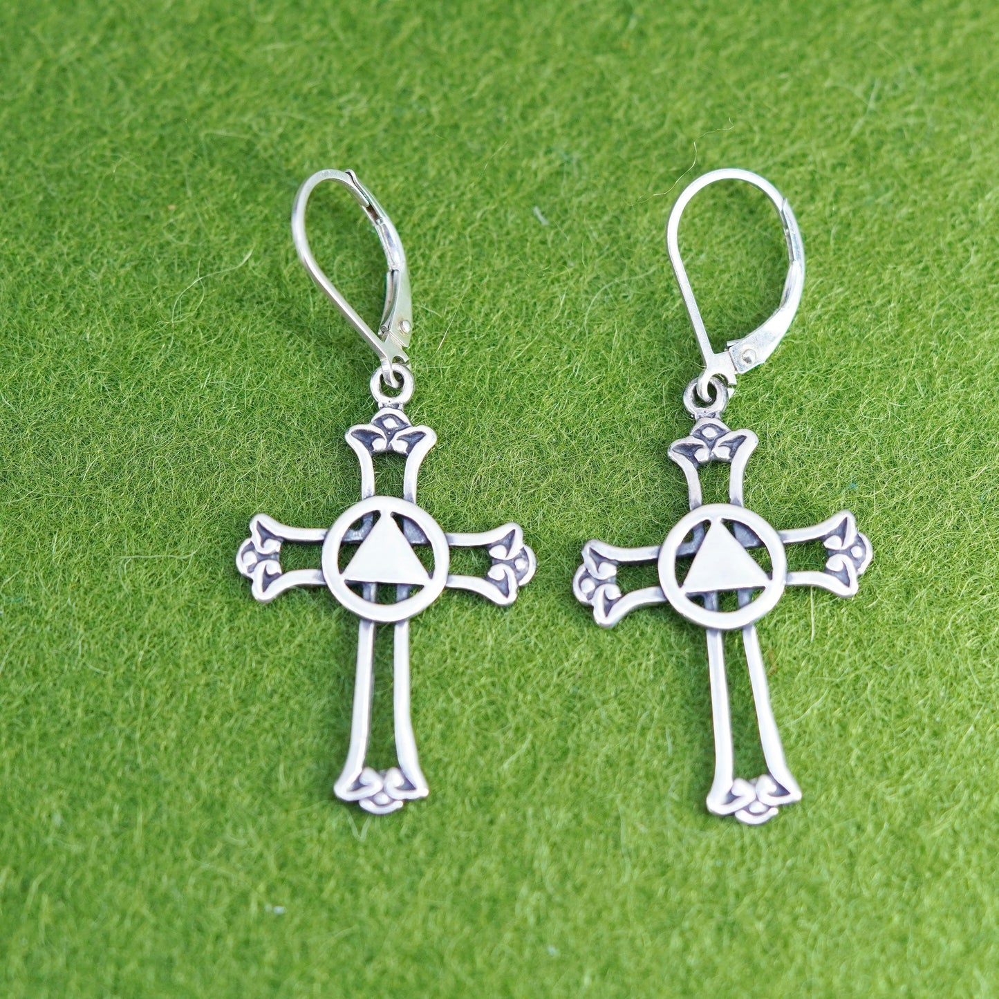 Vintage Sterling silver handmade earrings, 925 cross with peace sign, cute