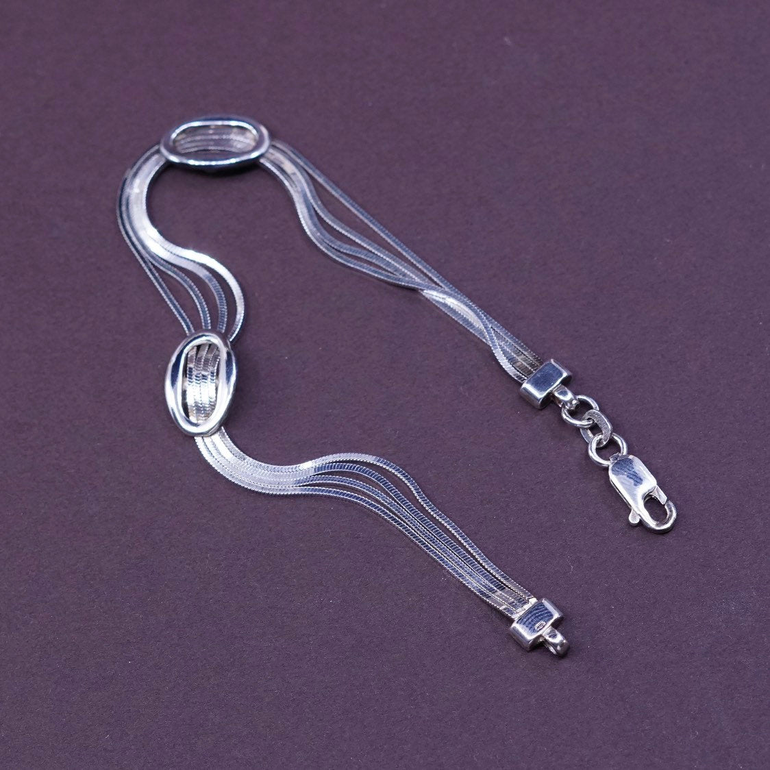 7.25", vtg Sterling silver handmade 4 strands snake bracelet w/ oval knot