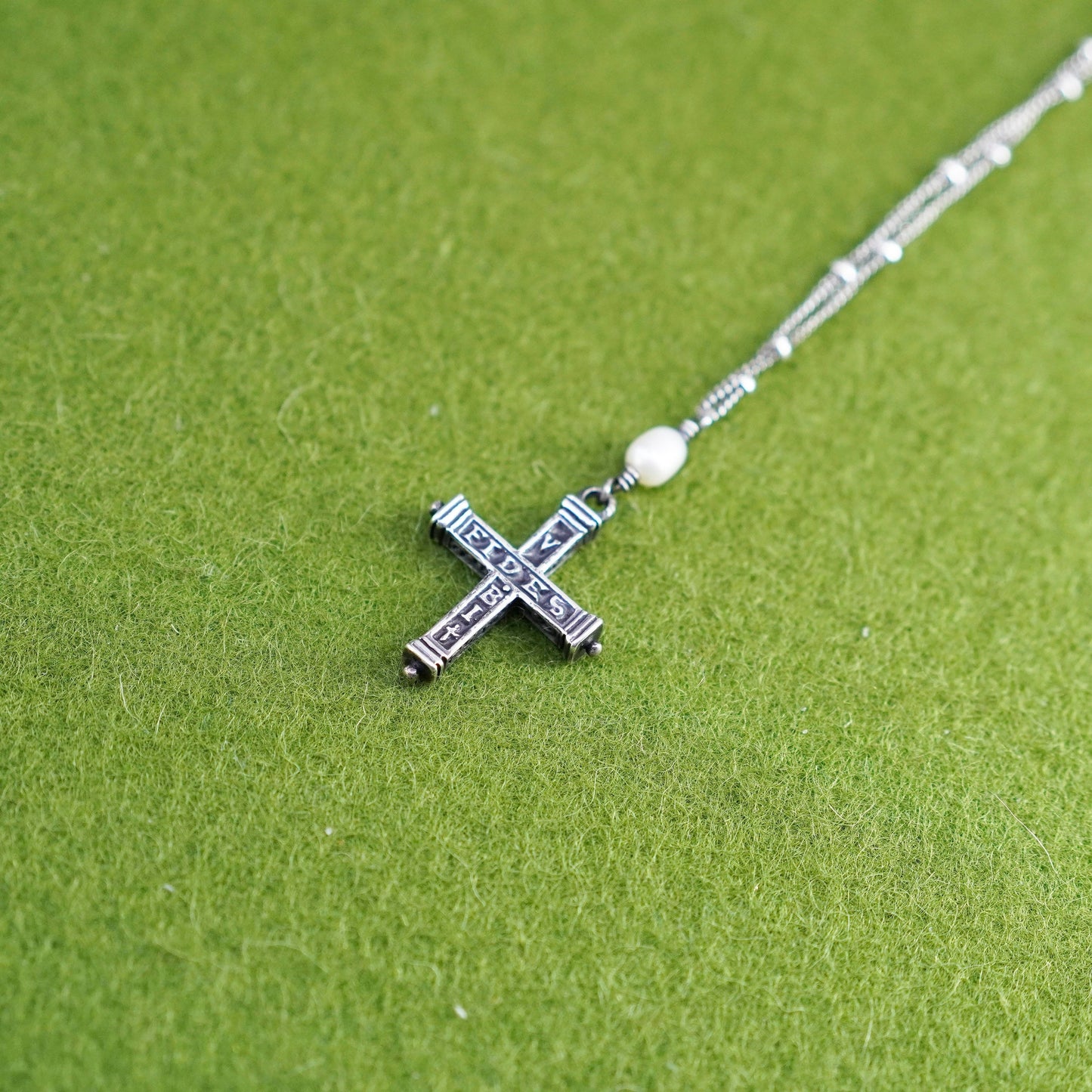 18”, Sterling 925 silver handmade beaded chain necklace with cross pendant