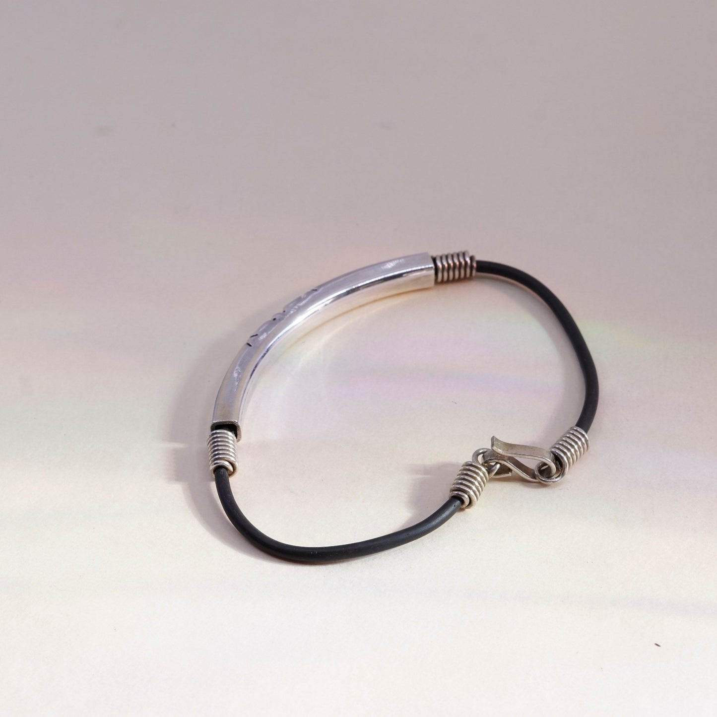 7.25”, Vintage black rubber chain with sterling 925 silver bar,