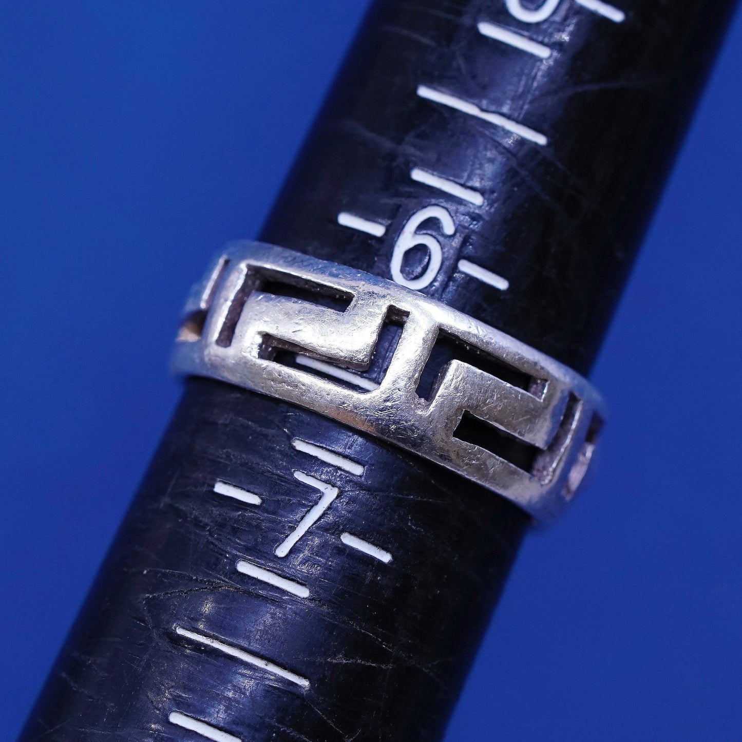 sz 6.5, vtg Sterling silver handmade ring, 925 band w/ Greek key pattern