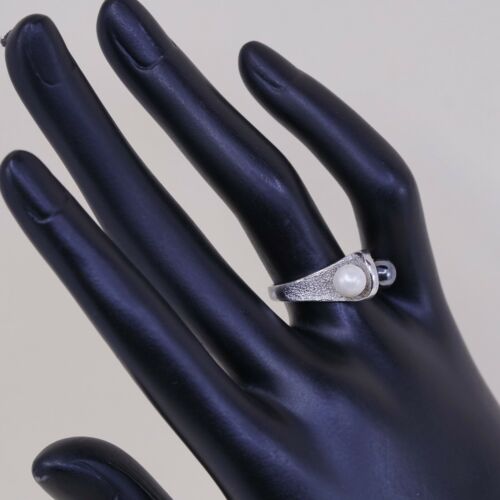 Size 6.75, Vtg ESPO Sterling 925 Silver Ring with Hematite N Pearl, Stamped Ster
