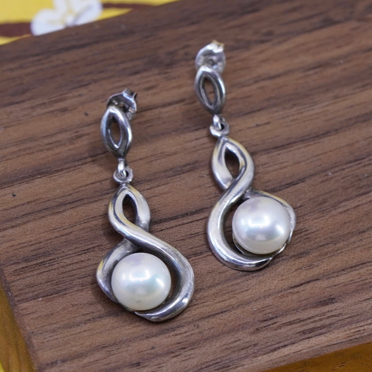 Vintage CFJ Sterling 925 silver handmade entwined earrings with pearl