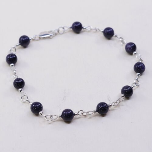 8”, Vtg Sterling 925 Silver Handmade Bead Bracelet, Purple Goldstone beads