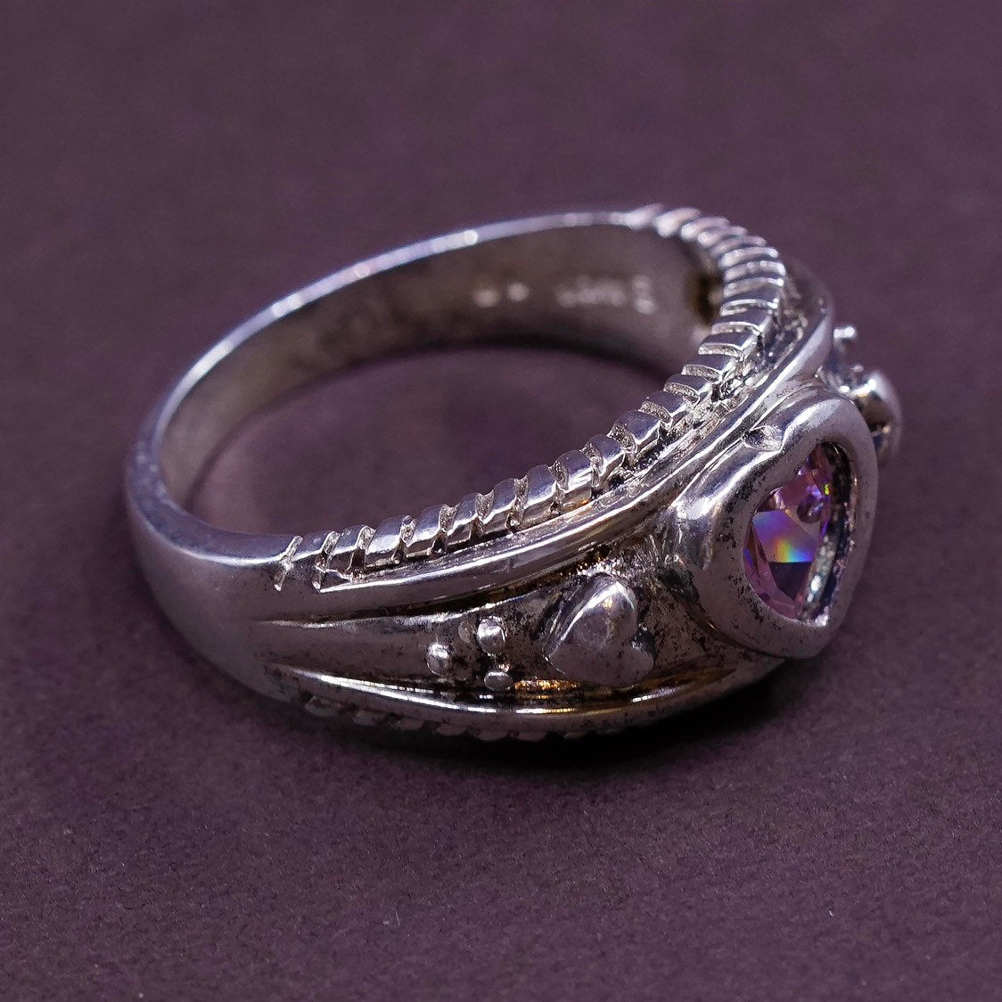 sz 10.25, vtg sterling silver handmade ring, pink crystal heart 925 band