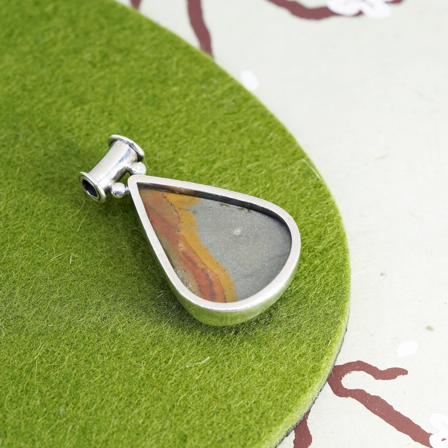 Vintage sterling 925 silver handmade pendant with landscape jasper