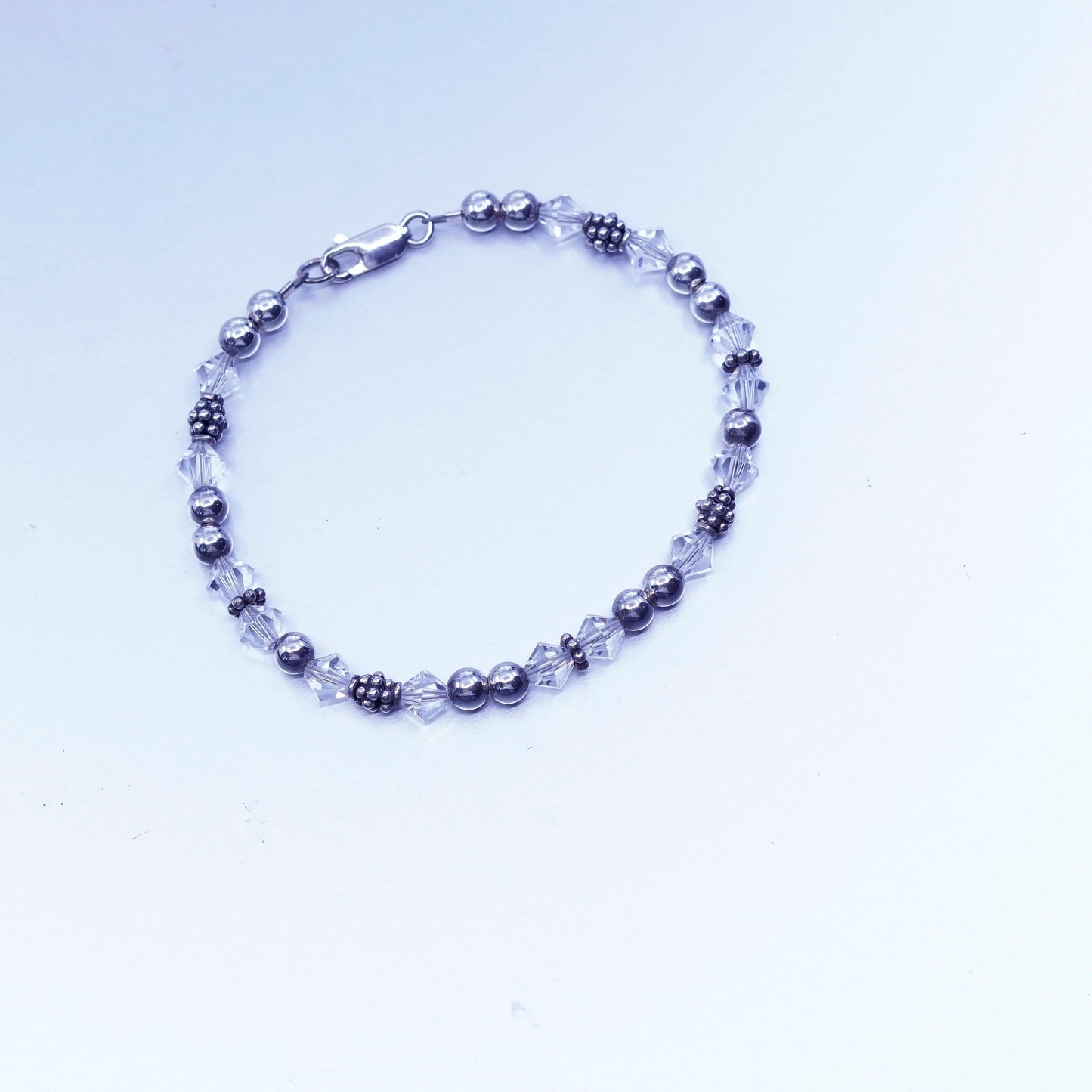 7.25”, vintage Sterling 925 silver handmade bracelet with clear crystal beads