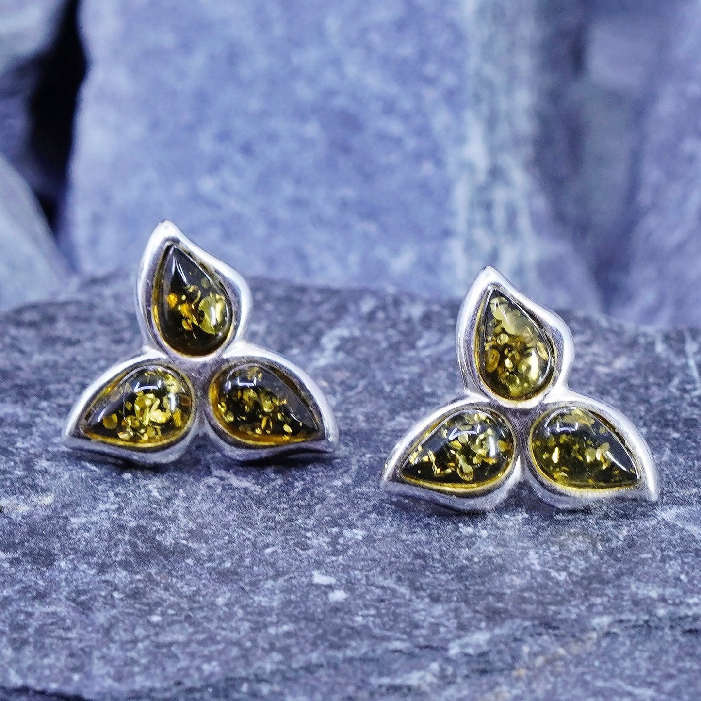 Vintage sterling silver handmade earrings, 925 studs with amber