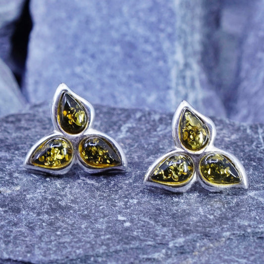 Vintage sterling silver handmade earrings, 925 studs with amber
