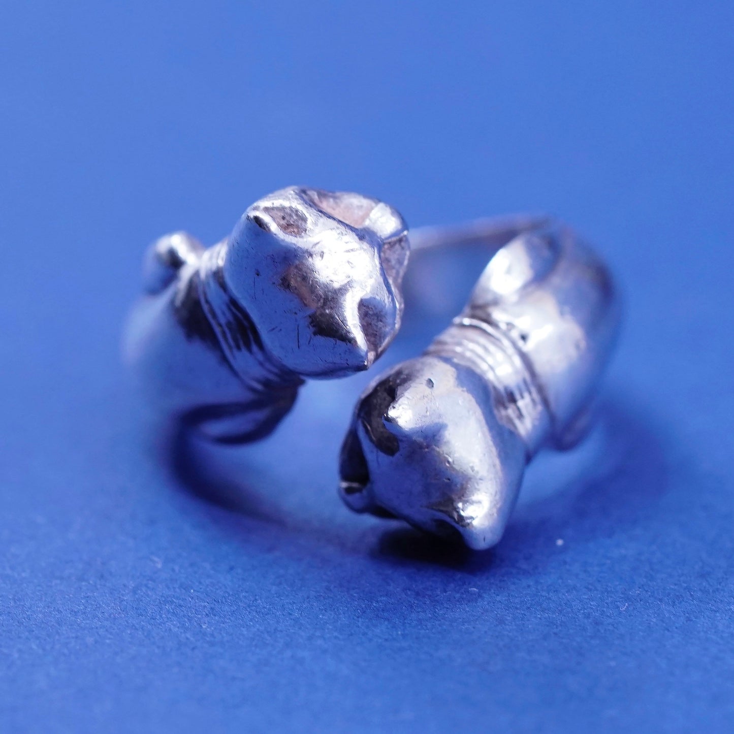 Size adjustable, vtg Sterling Silver Handmade ring, 925 double cat wrap band