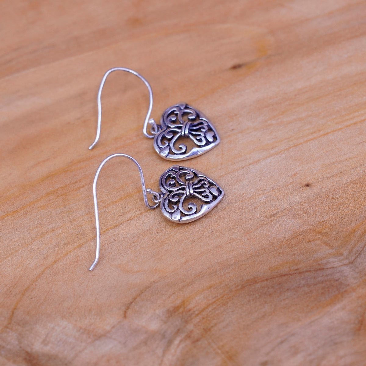 Vintage Sterling silver handmade earrings, 925 filigree heart drops