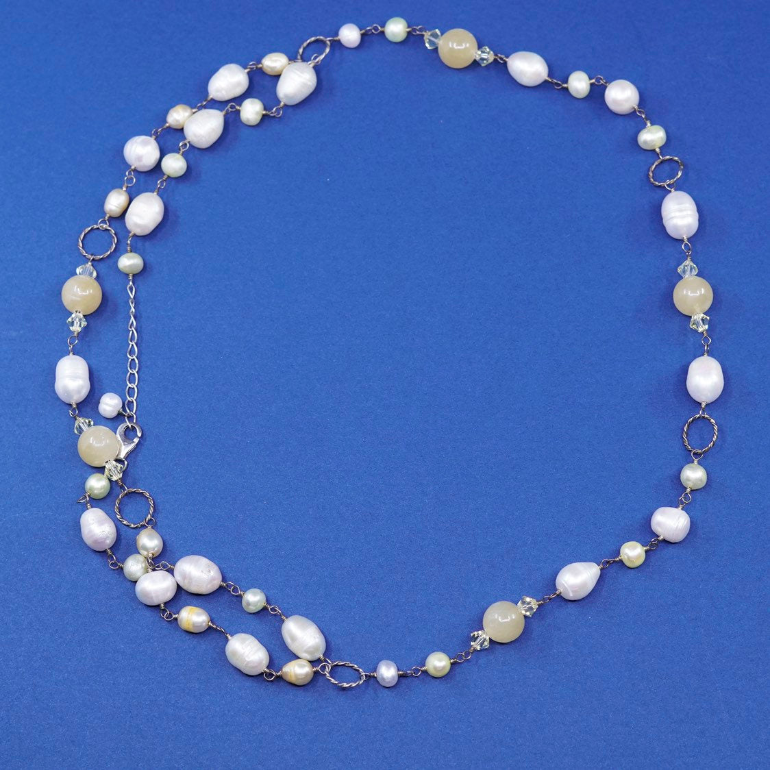 18"+2”, vtg Sterling silver handmade necklace, 925 circle chain w/ pearl beads