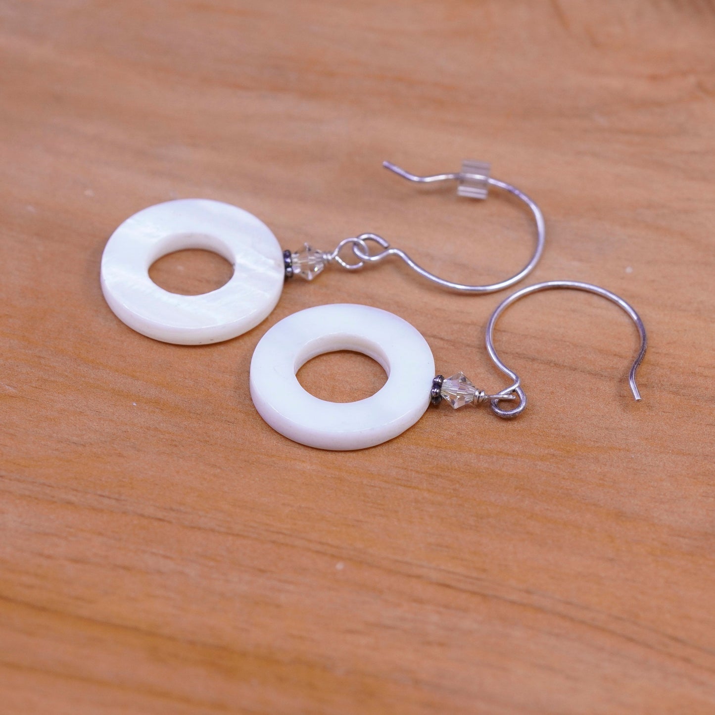 Vintage Sterling silver handmade earrings, 925 hooks w/ circle mother of pearl