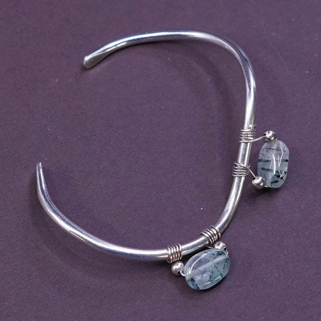 5.75", vtg Sterling silver hammered bracelet, 925 wide cuff w/ Jade