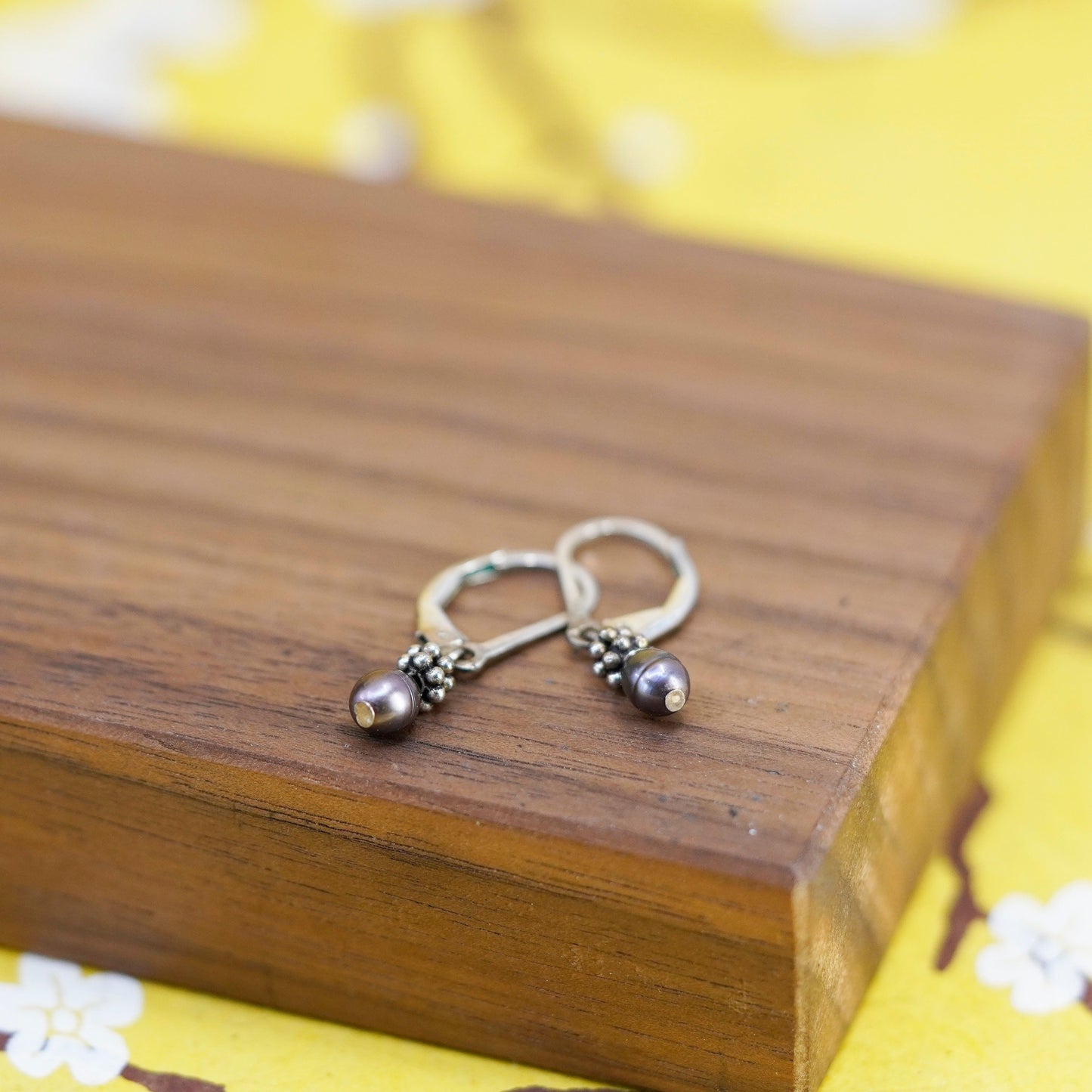 Vintage Sterling 925 silver handmade earrings with black pearl