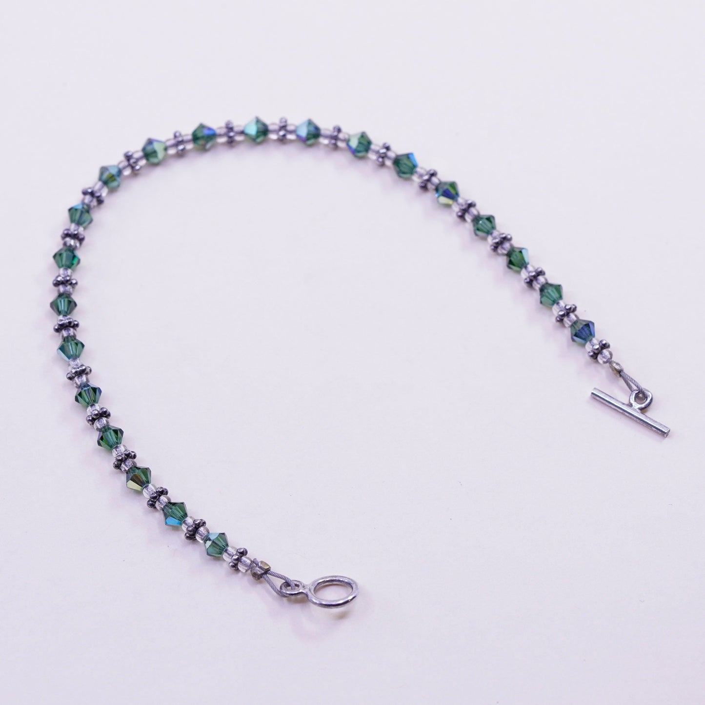 7”, vintage Sterling silver handmade bracelet, 925 beads green crystal beads