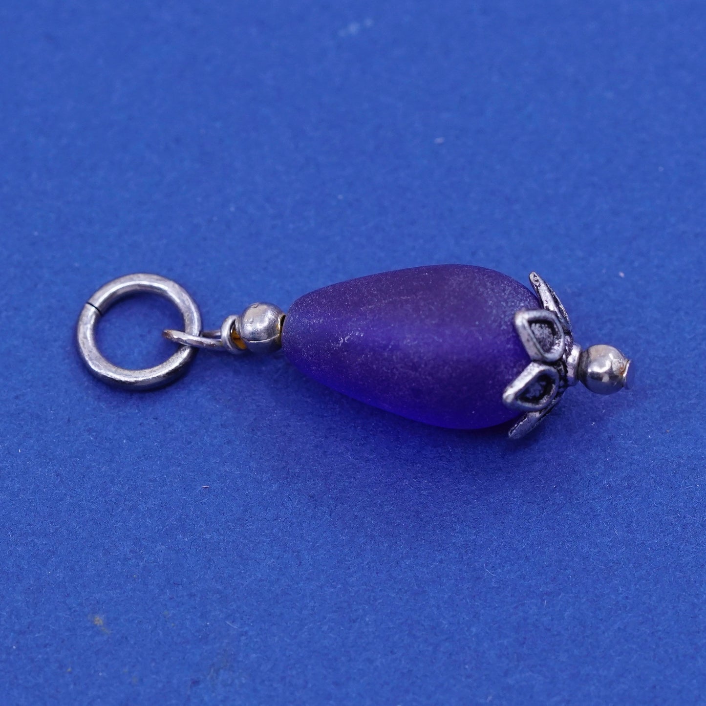 Vintage sterling 925 silver handmade pendant charm with blue teardrop glass
