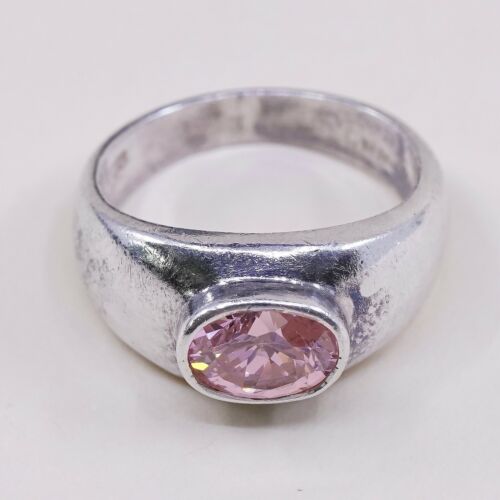 Sz 6.75, Sterling Silver Ring, 925 Silver Engagement Ring W/ pink Crystal