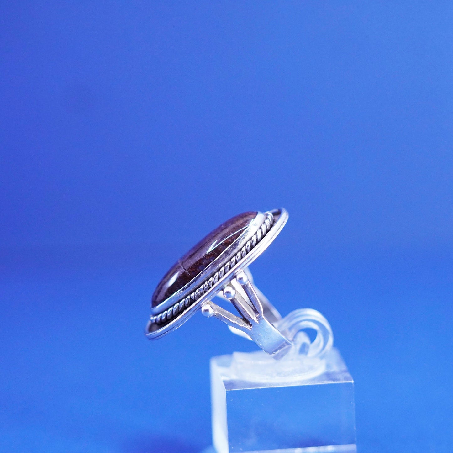 Size 6, vintage Sterling 925 silver handmade ring with agate stone and beads