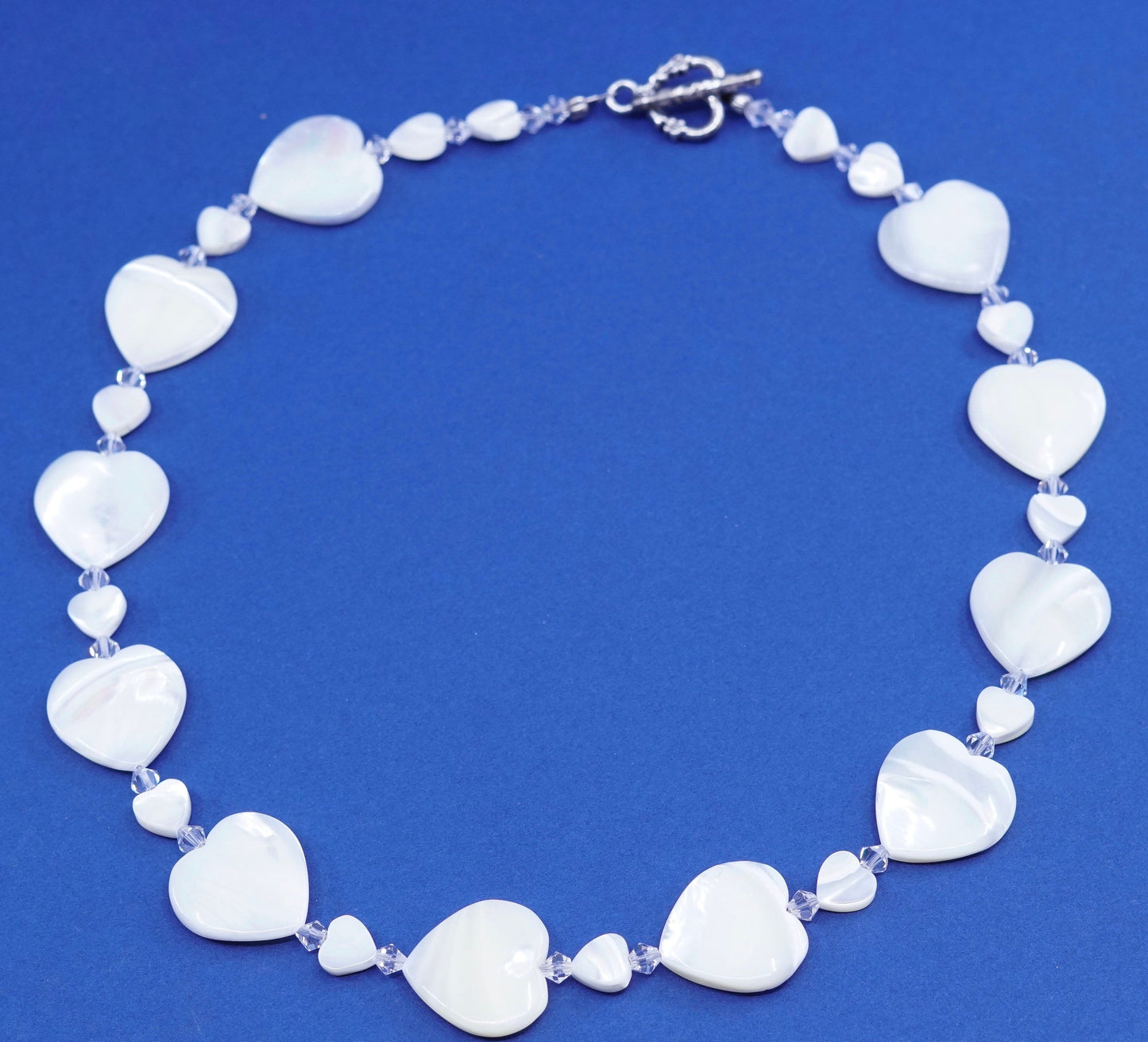 20”, vintage handmade necklace, mother of pearl heart with clear crystal
