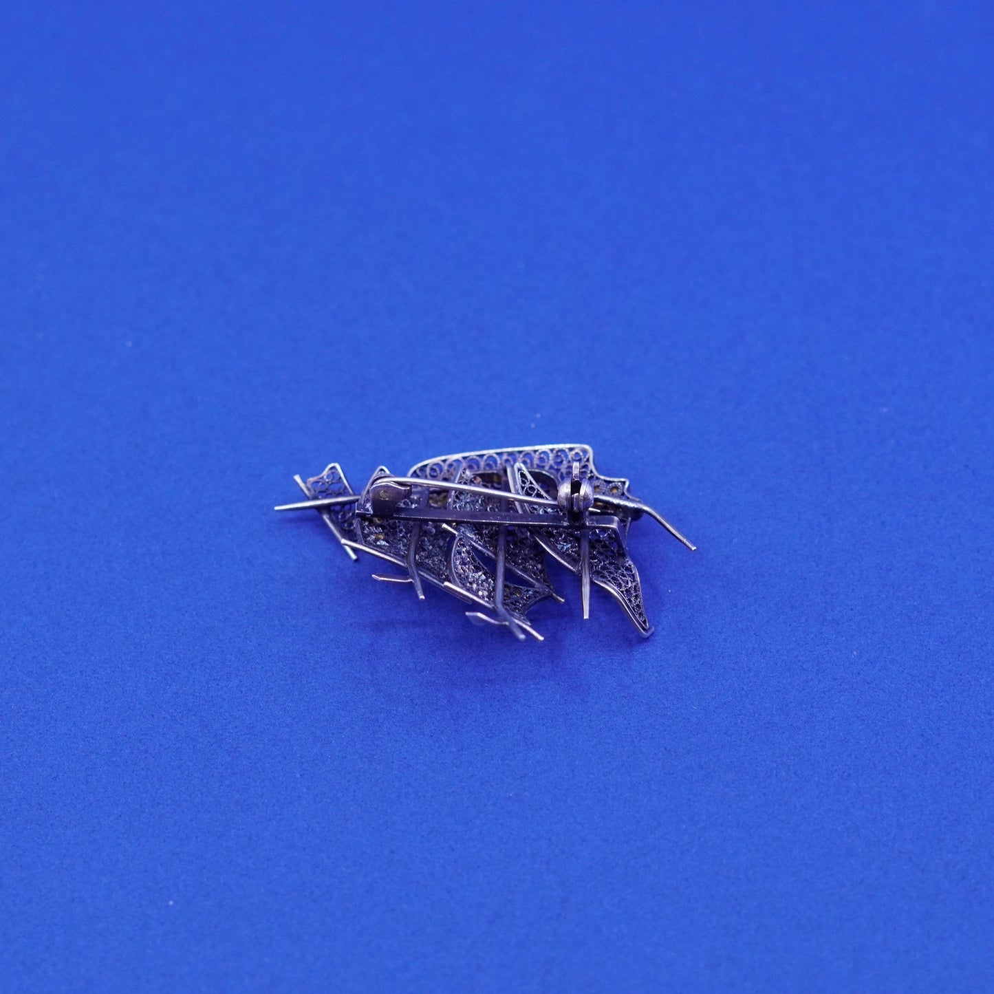 Vintage sterling silver handmade brooch, 800 filigree boat pin