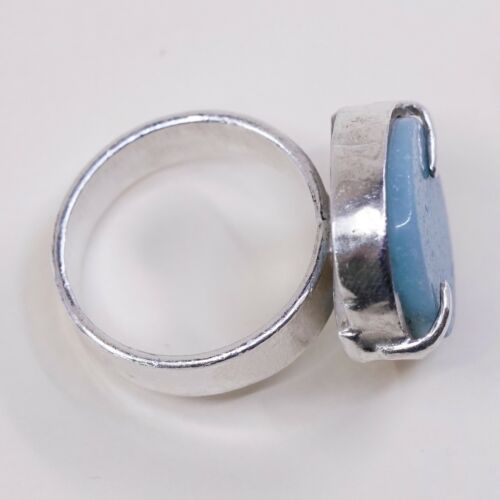 Sz 8, Vtg Sterling Silver Handmade Ring, 925 Silver Ring W/ Round Larimar