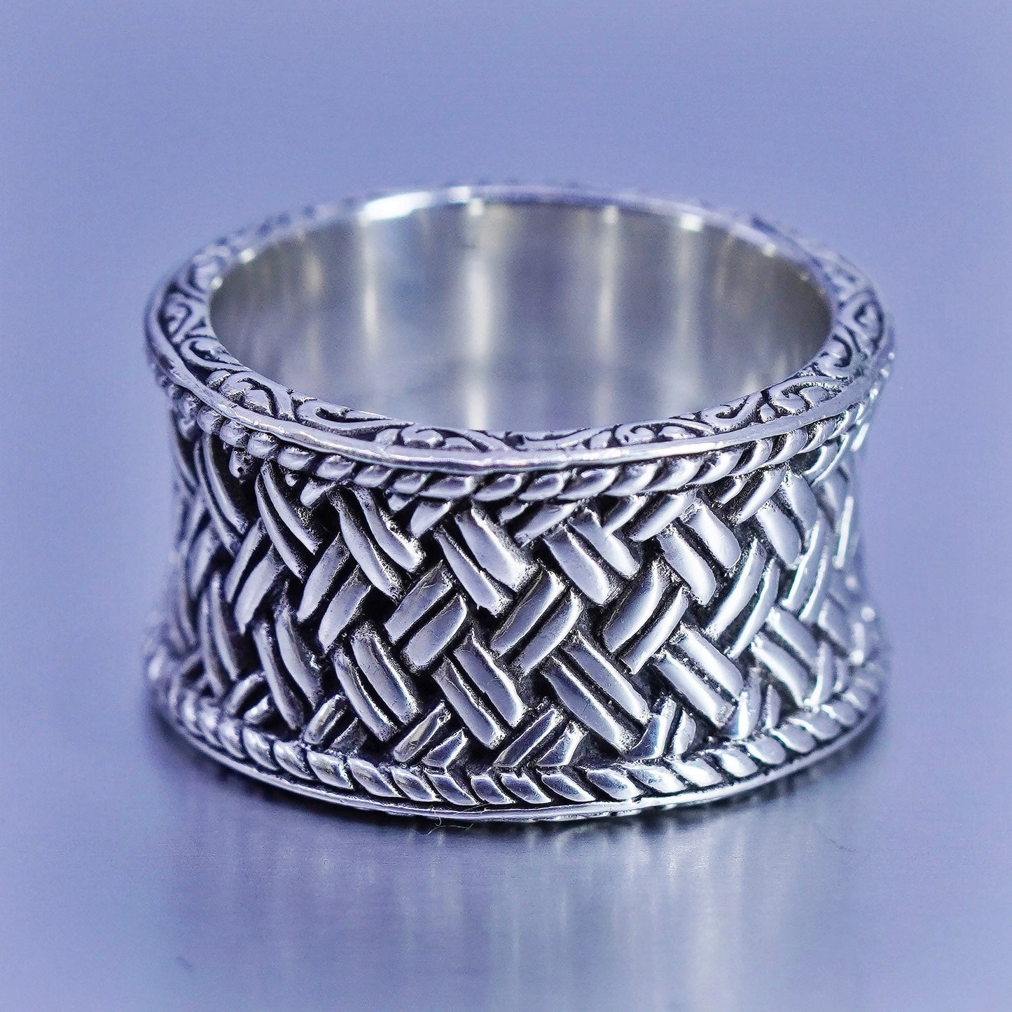 Size 8, vintage Sterling 925 silver handmade ring, woven braided cable band