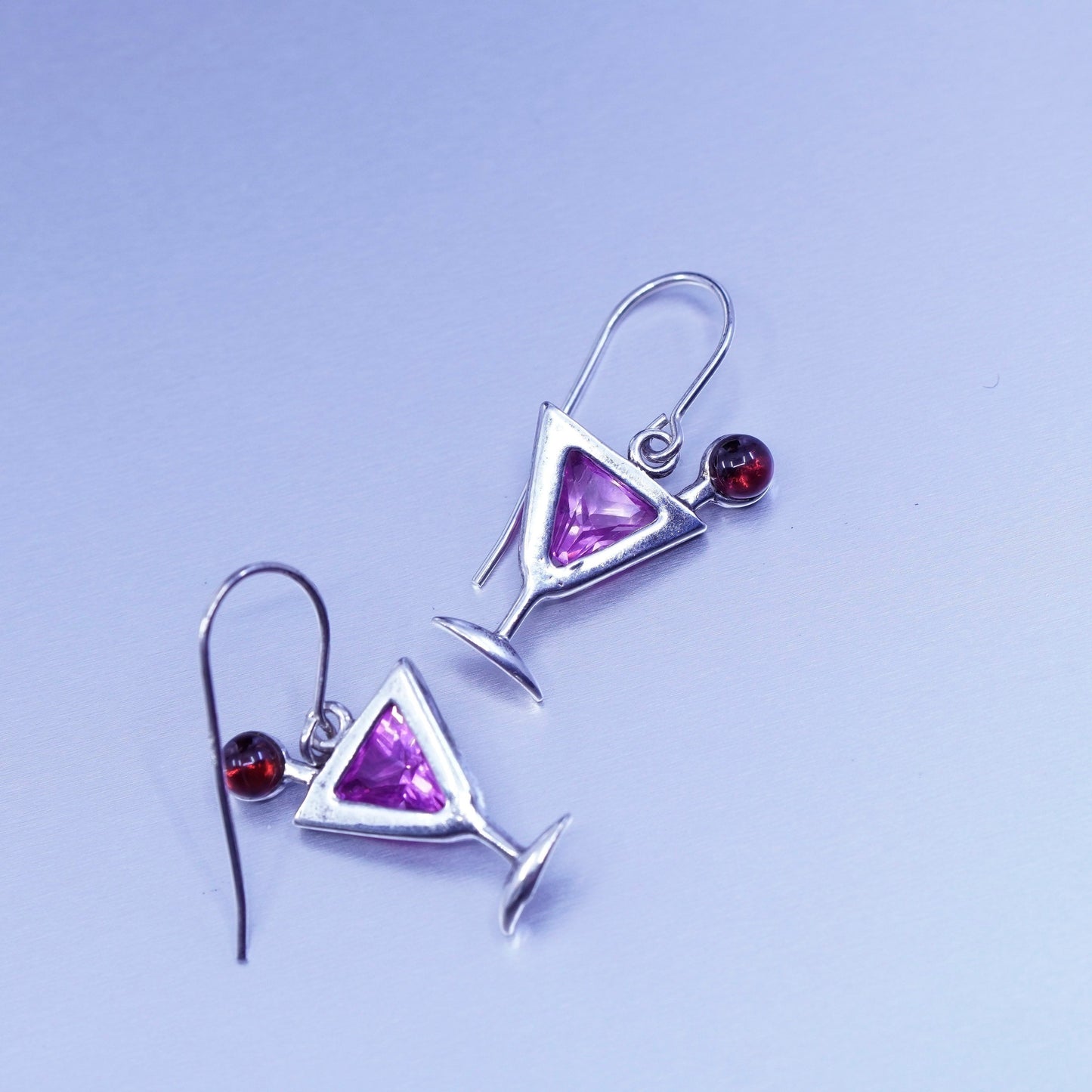 vtg Sterling 925 silver handmade cocktail earrings pink crystal garnet olive